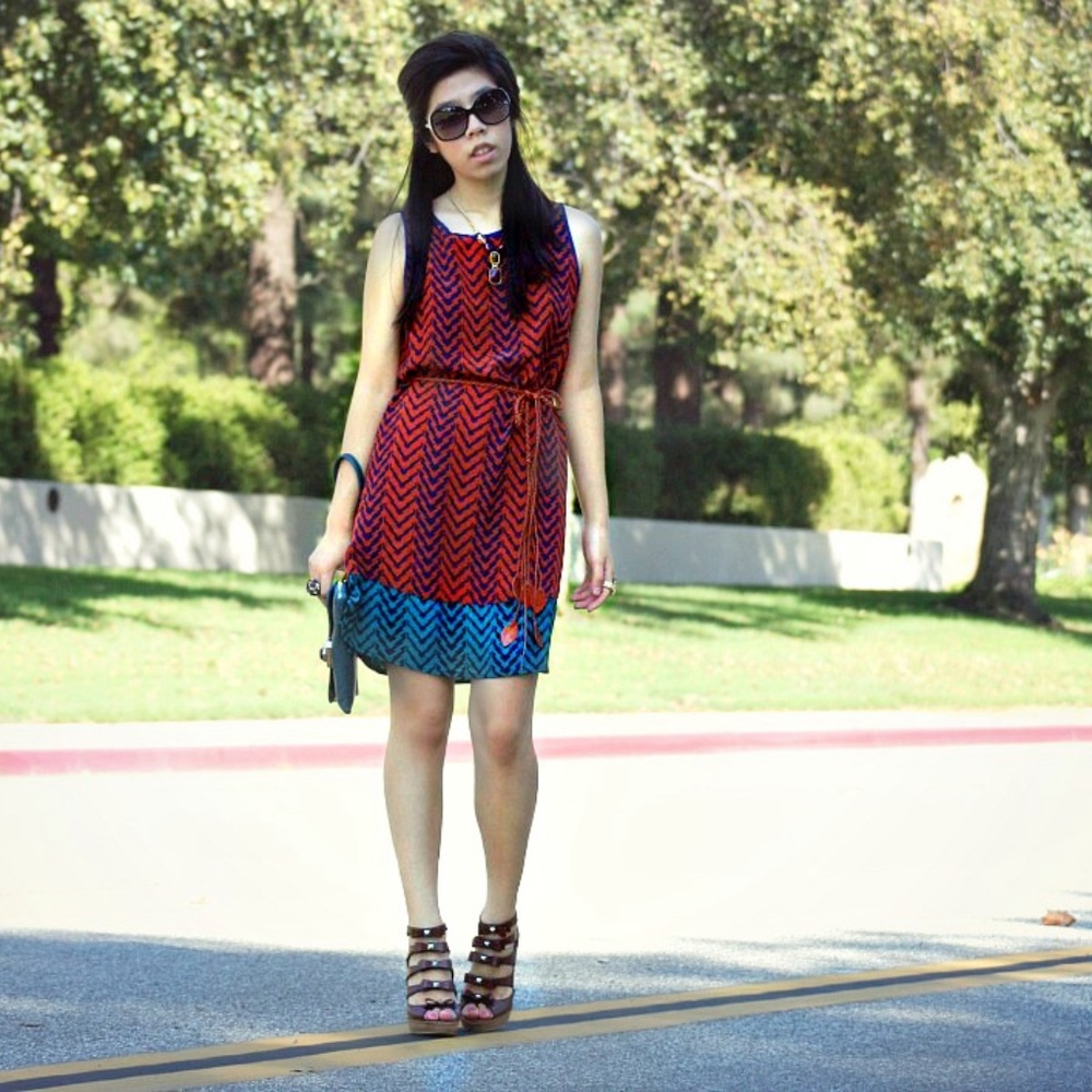 Aztec Burnt Orange Shift Dress with Leaf Belt